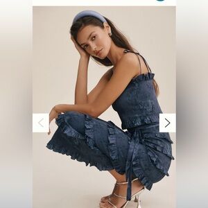 V. Chapman Lily Ruched & Ruffled Stretch Satin Midi Dress size 2 Navy Bouquet